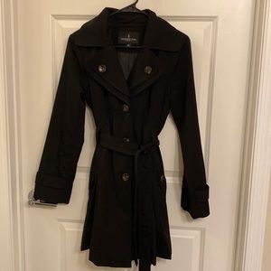 London Fog 3/4 Length Double-Breasted Trench Coat with Belt and Hood